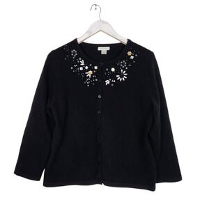 GARNET HILL Cardigan Sweater Womens Large Black Wool Beaded Jewel Embellished